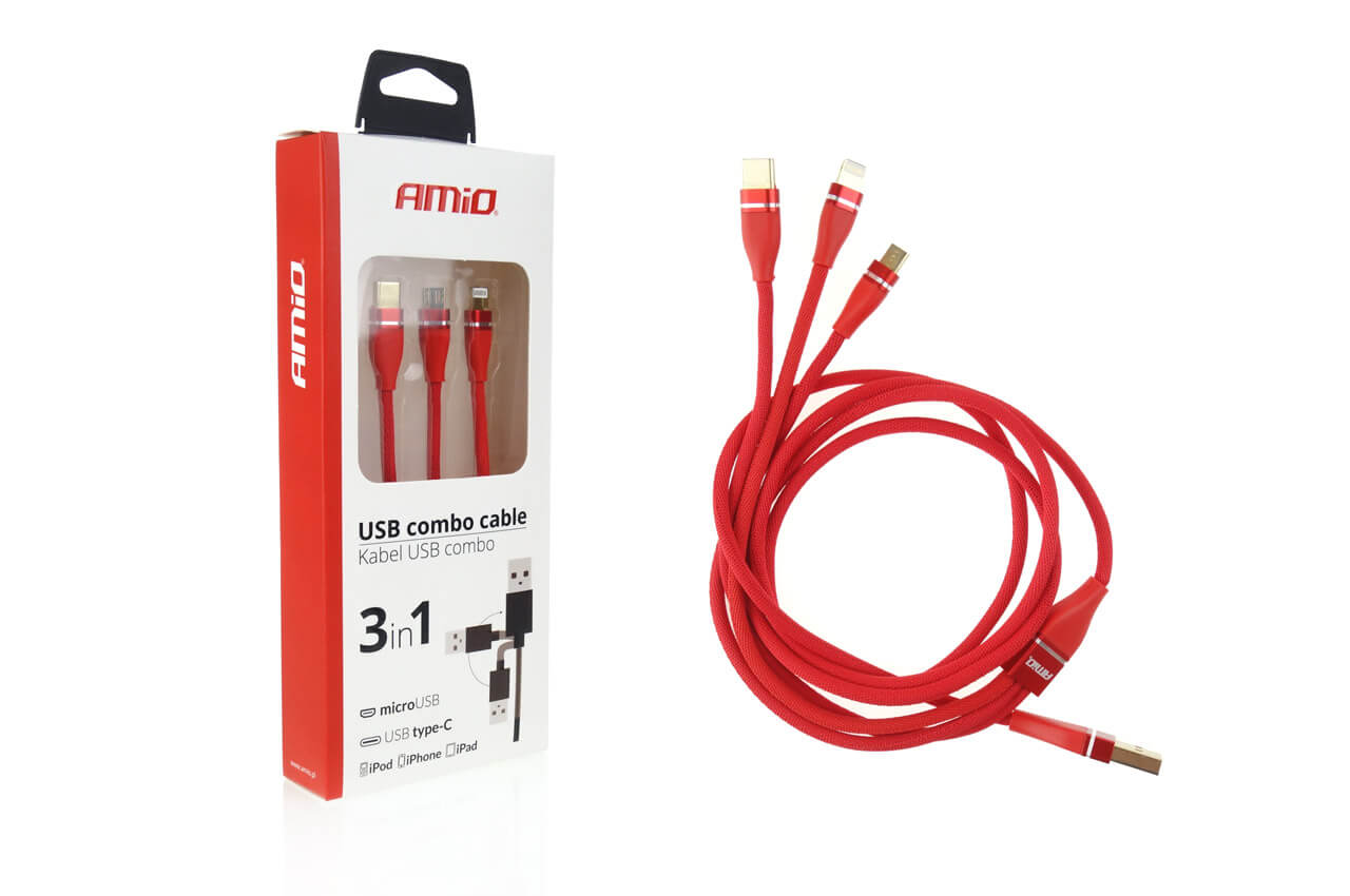 AMiO USB multikabel 3u1: lightning, USB-C, micro USB