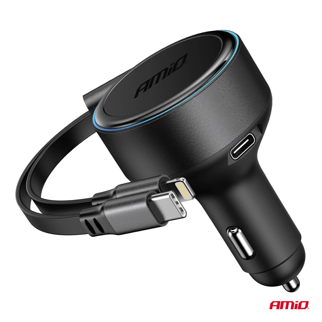 AMiO Auto punjač na uvlačenje USB-C + Lightning kabel + USB-C priključak 12/24V 60W - Image 2