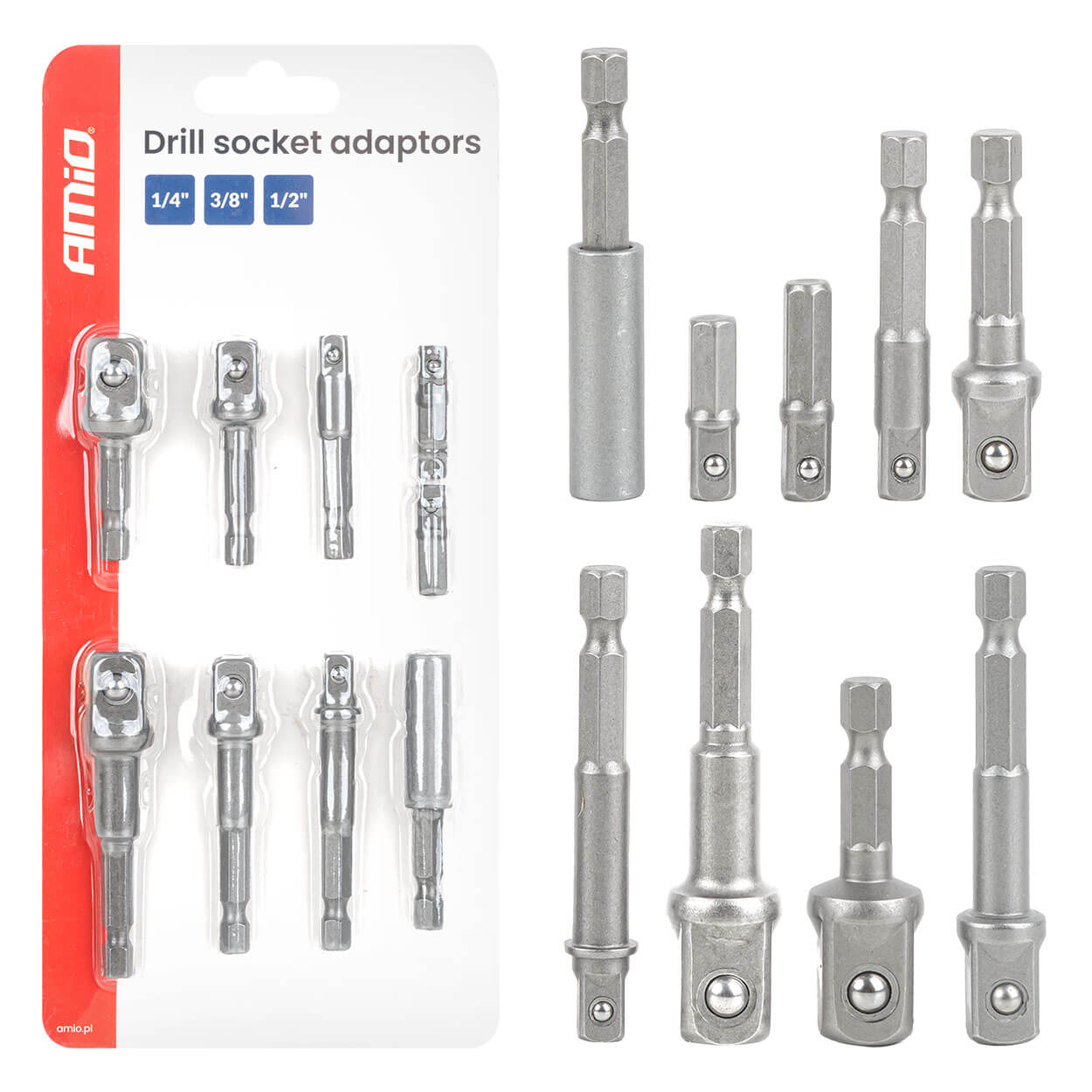 AMiO Adapteri za nasadne ključeve za bušilicu, 9 dijelova, 1/4", 3/8", 1/2"