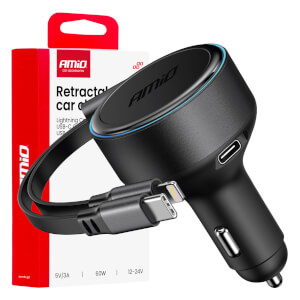AMiO Auto punjač na uvlačenje USB-C + Lightning kabel + USB-C priključak 12/24V 60W
